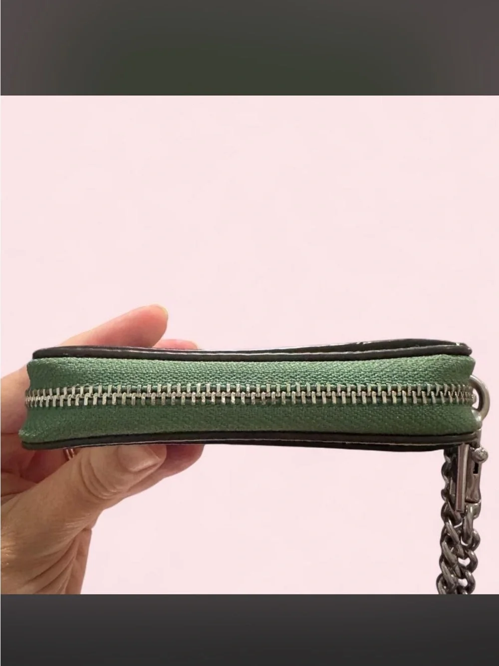 Coach Sage Green Leather Zip Card Case with Chain